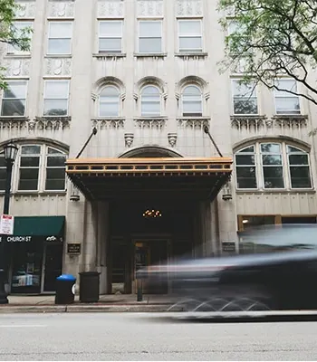 The Carlson Building entrance and its canopy on Church Street, Evanston.